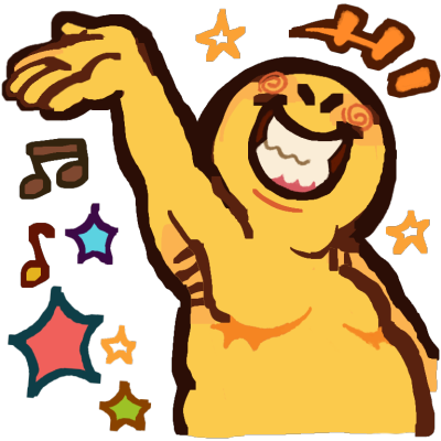 A beaming emoji yellow fat person with top surgery scars, holding up one arm. there are sparkle symbols around them to show their happiness.